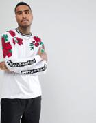 Asos Relaxed Long Sleeve T-shirt With Rose Print And Tipped Neck - White