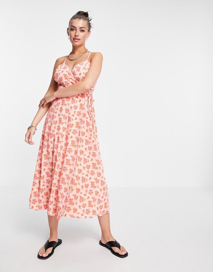 Fashion Union Wrap Midi Dress With Cross Cami Straps In Vintage Floral-pink