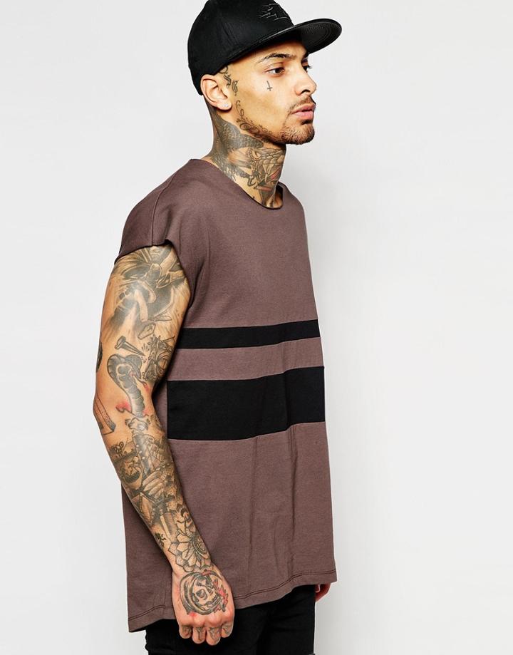 Asos Oversized Sleeveless T-shirt With Cut And Sew Panel And Scoop Neck And Hem - Turkish Coffee