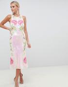 Asos Design Iridescent Sequin Embroidered Fishtail Midi Dress - White