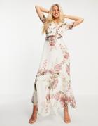 Hope & Ivy Flutter Sleeve Maxi Dress With Oversized Rose Print In Ivory-multi