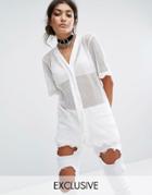 Bones Oversized Baseball Top In Fishnet With Sequin Lace Trim - White