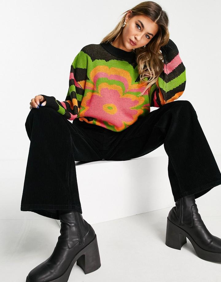 Asos Design Oversized Sweater In Center Floral Pattern-multi