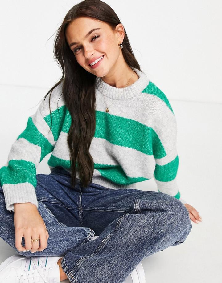 Pull & Bear Oversized Crew Neck Sweater In Green Stripe-grey