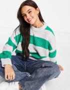 Pull & Bear Oversized Crew Neck Sweater In Green Stripe-grey
