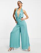 Tfnc Plunge Satin Jumpsuit In Teal-blues