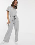 Asos Design Zip Front Slouchy Tie Waist Jersey Boilersuit With Pockets - Gray