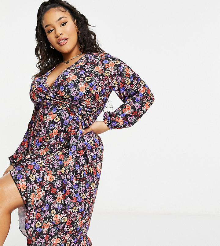 Yours Ruffle Wrap Dress In Pink & Red Floral