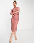 Asos Design Lace Pencil Midi Dress With Lace Trim In Rose-orange