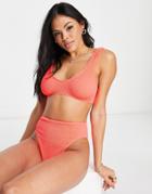 Asos Design Mix And Match Crinkle Skinny Scoop Crop Bikini Top In Coral-orange