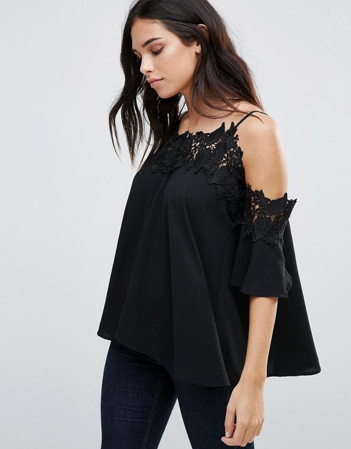 Qed London Lace Cold Shoulder Top - Black