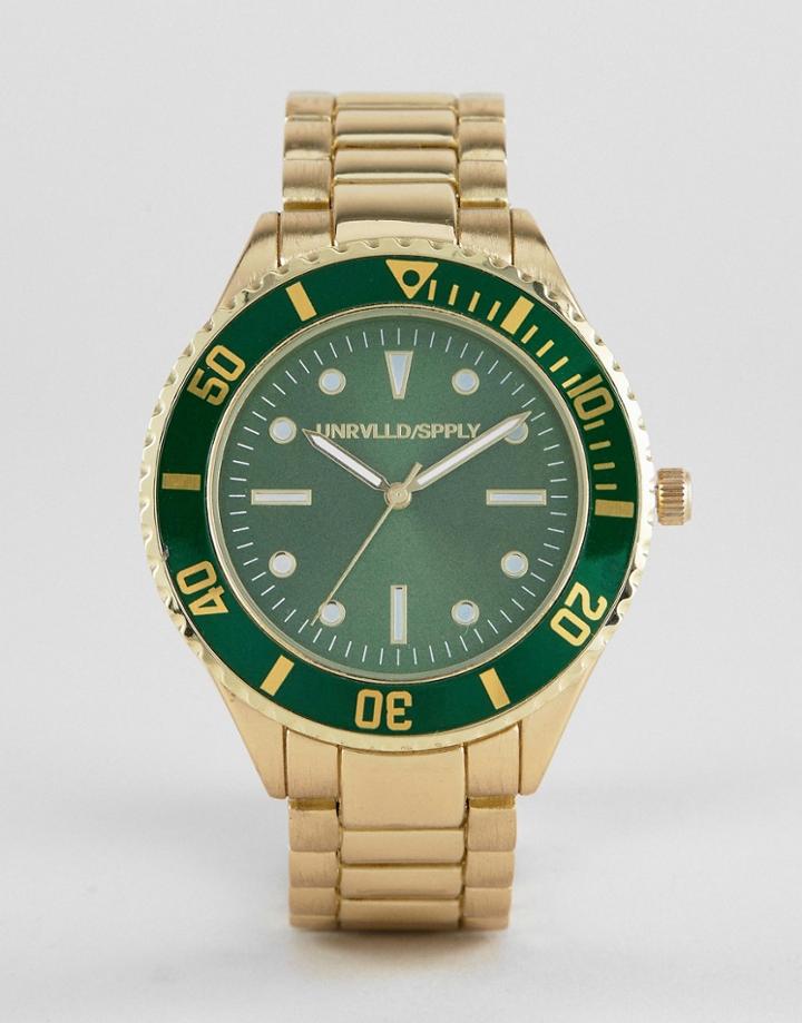 Asos Design Bracelet Watch In Brushed Gold With Contrast Green Dial And Bezel - Gold
