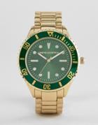 Asos Design Bracelet Watch In Brushed Gold With Contrast Green Dial And Bezel - Gold