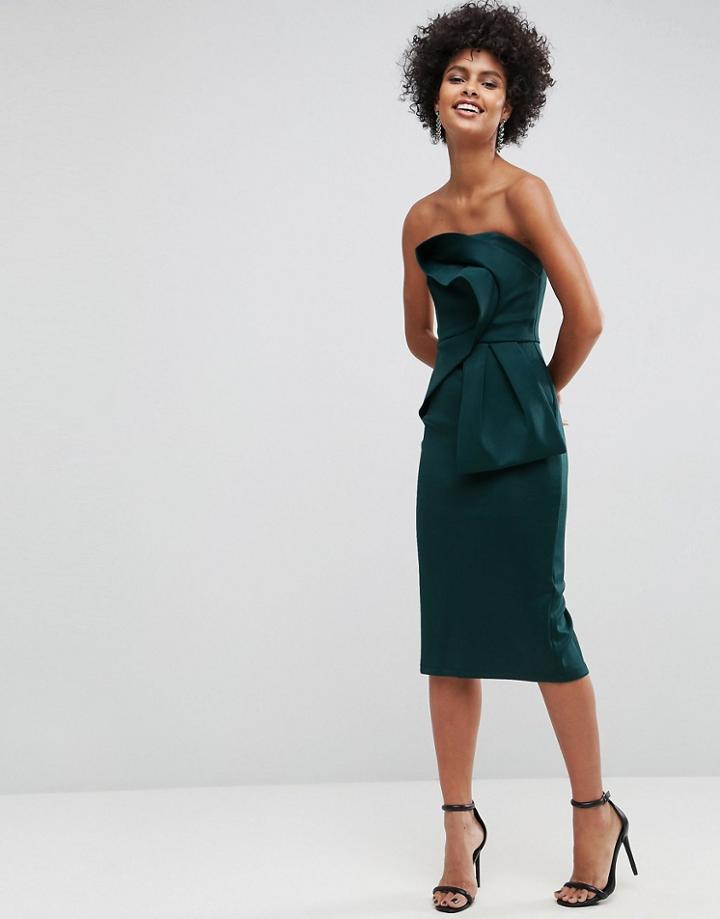 Asos Bandeau Fold Bow Front Scuba Midi Dress-green
