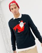 Jack & Jones Originals Knitted Holidays Sweater With Super Fly Santa - Navy