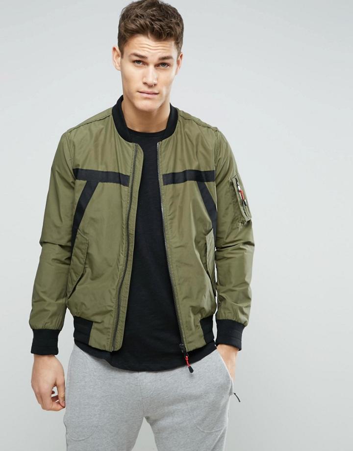 Sisley Ma1 Bomber Jacket With Taping Detail - Green
