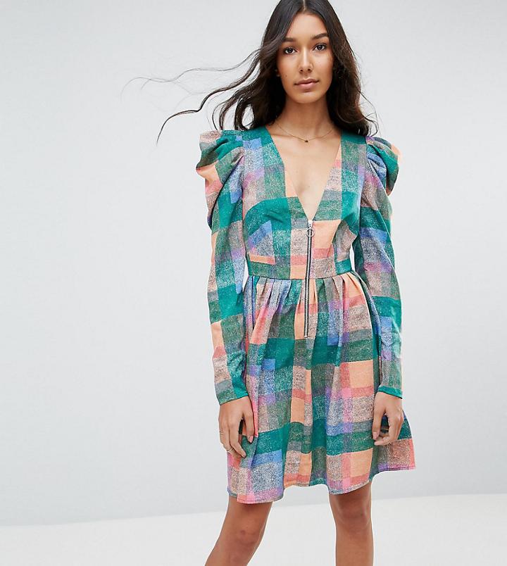 Asos Tall Puff Sleeve Mini Dress In Check Print-multi