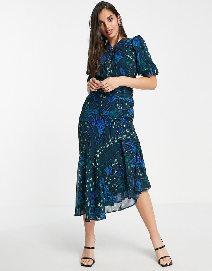 Hope & Ivy Puff Sleeve Tea Midi Dress In Cobalt Star Print-blues
