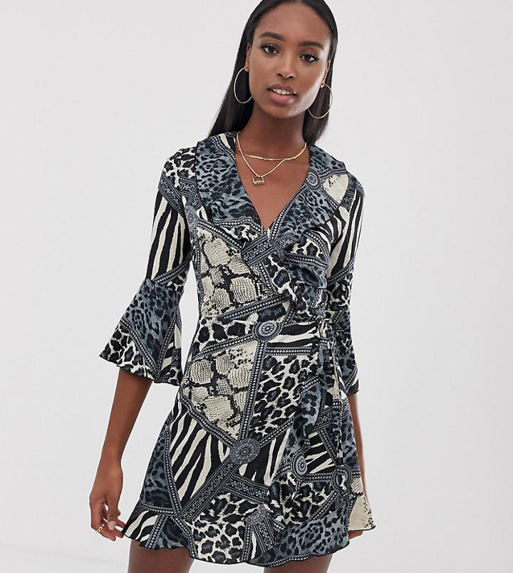 Outrageous Fortune Tall Ruffle Wrap Mini Dress With Fluted Sleeve In Multi Print