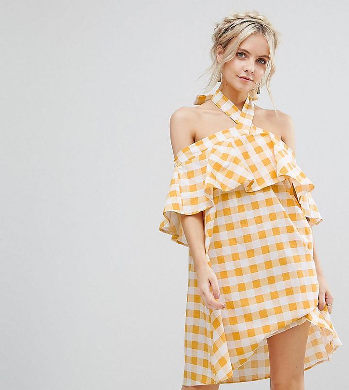 Asos Petite Halter Neck Mini Sundress In Gingham - Yellow