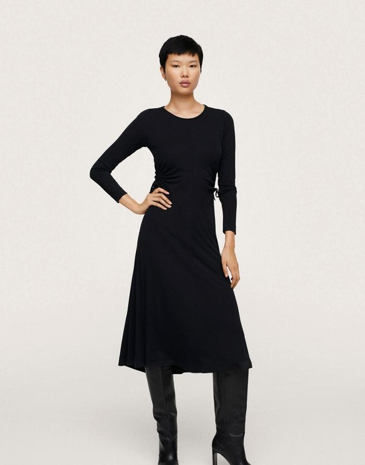 Mango Long Sleeved Midi Dress With Ruched Cut Out Detail In Black