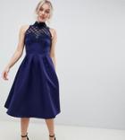 Little Mistress Petite High Neck Prom Dress With Floral Applique And Sequin Detail-navy