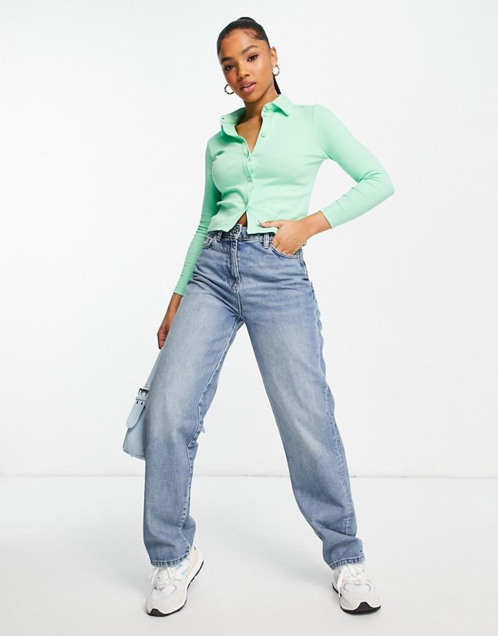 Miss Selfridge Long Sleeve Button Through Jersey Shirt-green