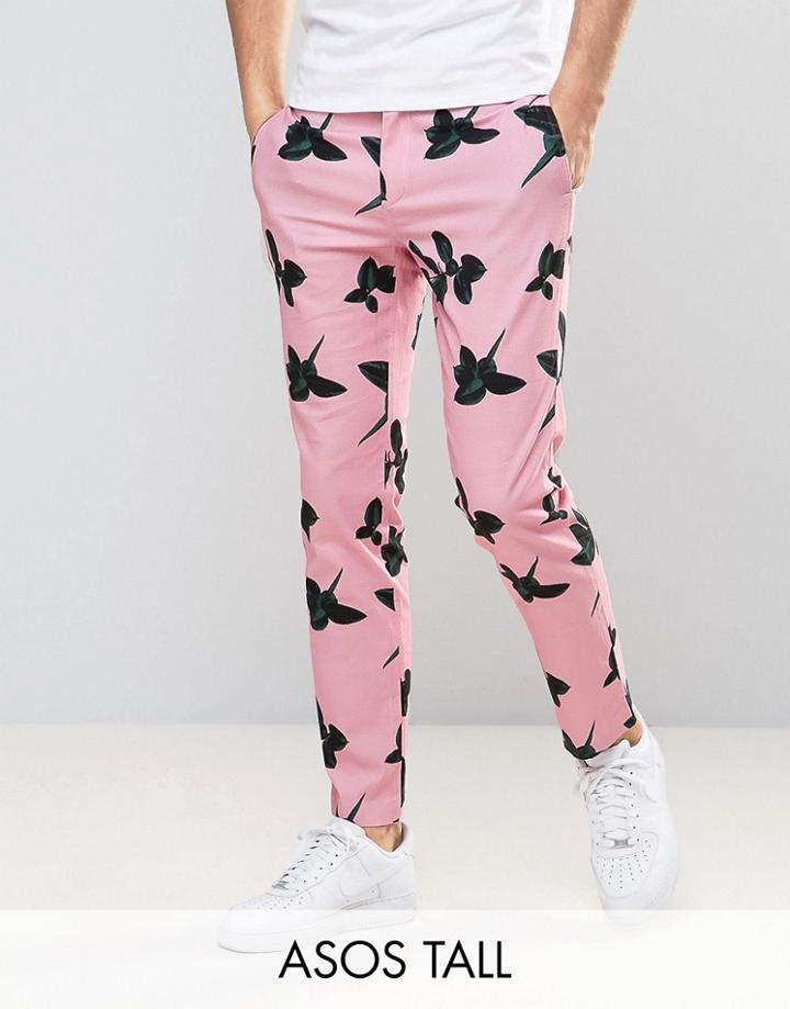 Asos Tall Skinny Smart Pants In Pink Floral Print - Pink