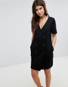Asos Tux Dress With Popper Detail & Pleated Back - Black