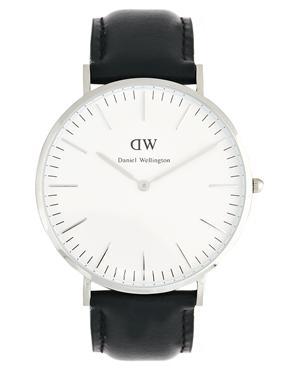 Daniel Wellington Sheffield Silver Black Leather Strap Watch - Black