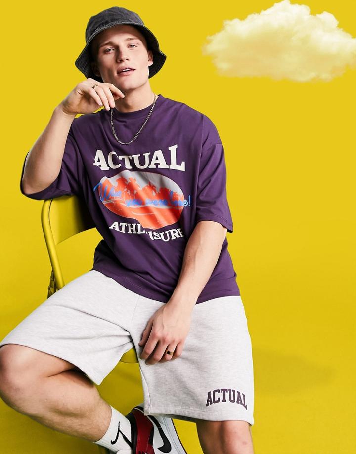 Asos Actual Athleisure Graphic Print Oversized T-shirt In Purple