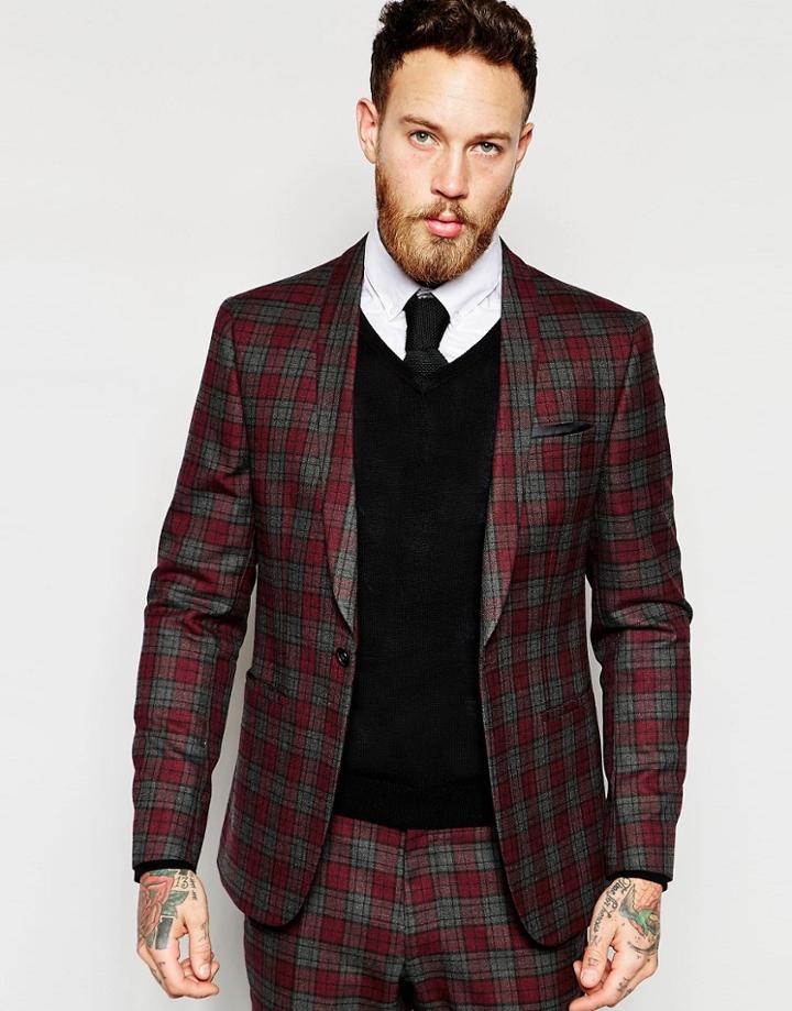 Asos Skinny Suit Jacket In Red Plaid Check