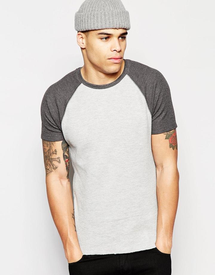 Asos Muscle T-shirt With Contrast Raglan Sleeves In Waffle Fabric In Gray
