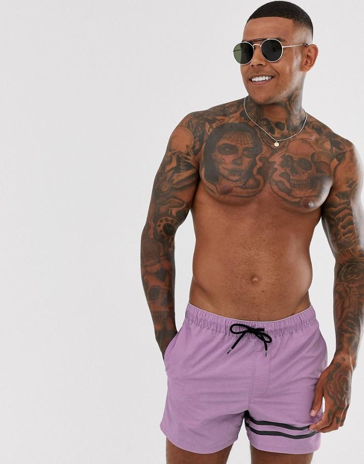 Asos Design Swim Short With In Purple Acid Wash With Leg Stripes Short Length