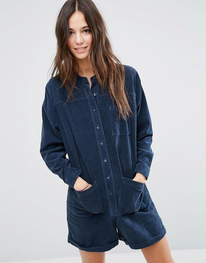 Asos Cord Long Sleeve Romper In Gray - Gray