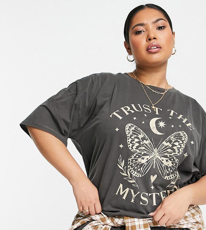 Asos Design Curve Oversized T-shirt With Butterfly Solstice Graphic In Charcoal-gray
