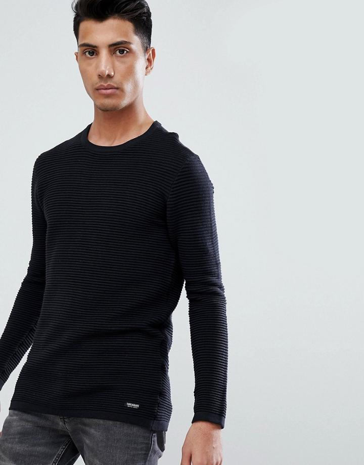 Threadbare Stretch Ribbed Crew Neck Sweater - Black