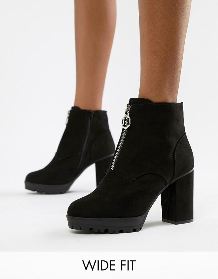 New Look Wide Fit Suedette Zip Through Heeled Boot - Black