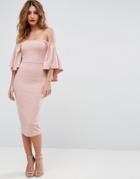 Asos Bardot Fluted Sleeve Midi Dress - Pink