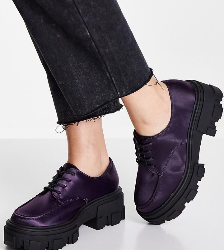 Asos Design Wide Fit Mall Chunky Lace Up Flat Shoes In Purple Satin