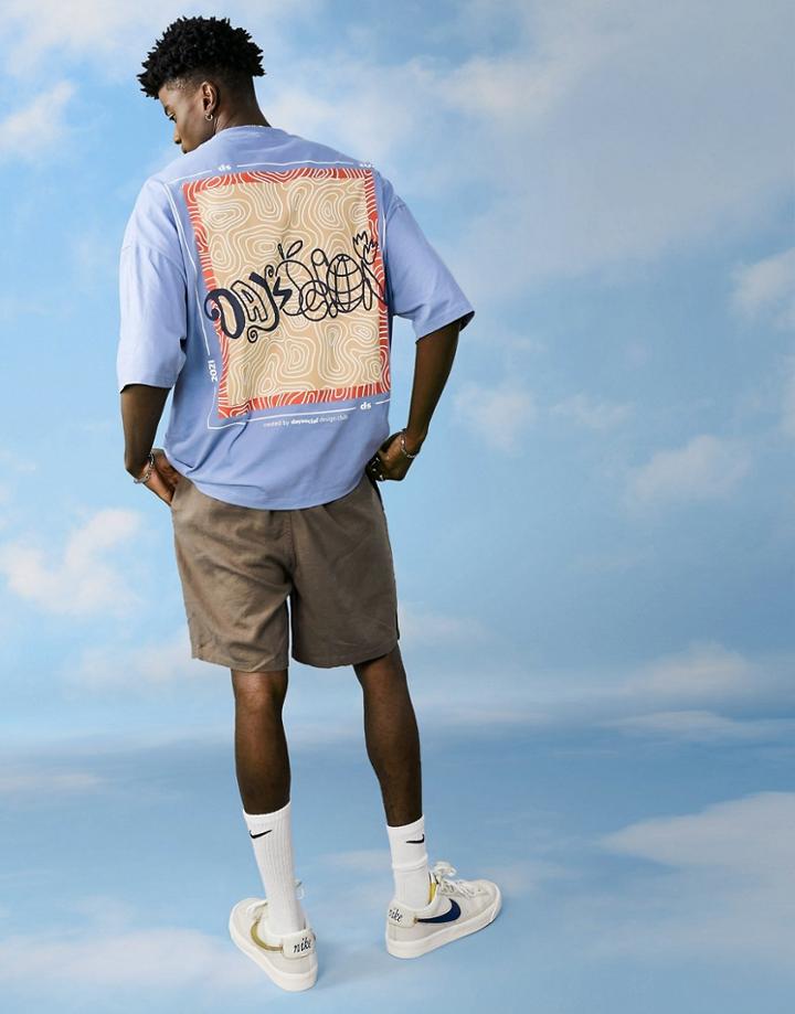 Asos Daysocial Oversized T-shirt With Back Abstract Shape And Scribble Logo Graphic Back Puff Print In Blue-blues