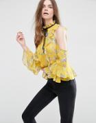 Asos Cold Shoulder Ruffle Blouse In Floral Print - Multi