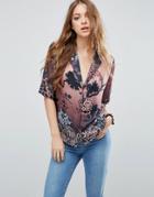 Asos Drape Satin Blouse In Floral Print - Multi