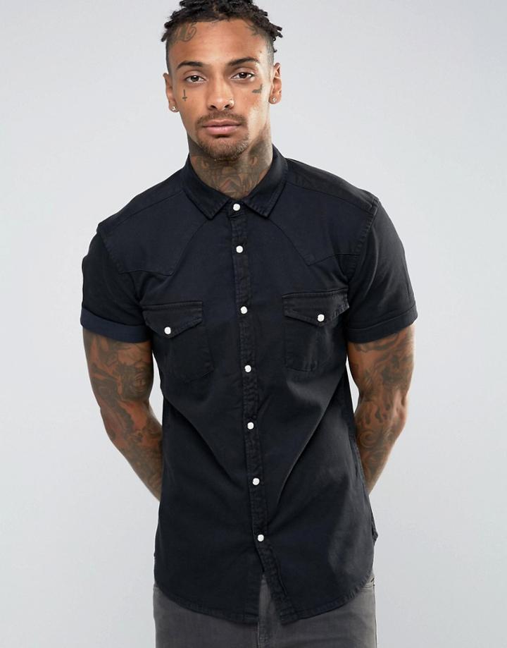 Asos Skinny Western Shirt In Black - Black