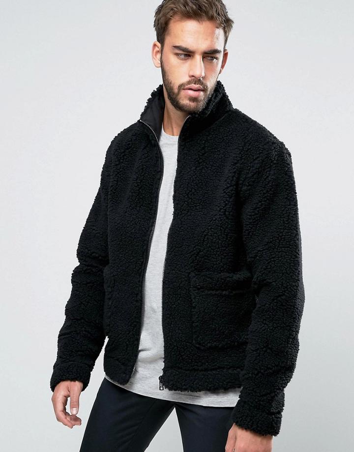 Weekday Wesley Zip Through Fluffy Borg Jacket - Black