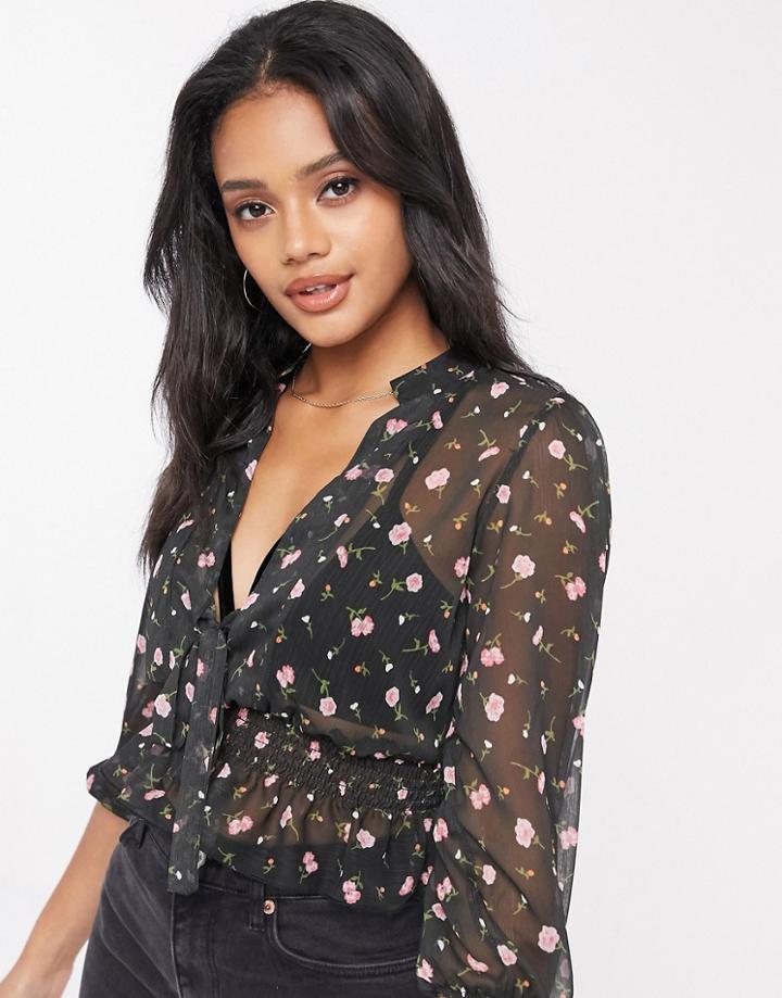 Asos Design Long Sleeve Sheer Top With Shirred Waist And Tie Detail In Rose Floral Print-multi