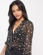 Asos Design Long Sleeve Sheer Top With Shirred Waist And Tie Detail In Rose Floral Print-multi