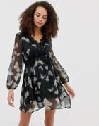 Brave Soul Skater Dress With Lace Trim In Butterfly Print - Black