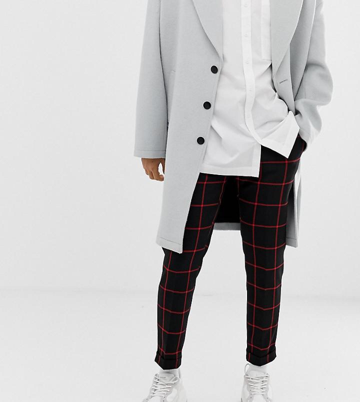 Noak Black Skinny Fit Cropped Pants With Turn Up In Red Check - Red