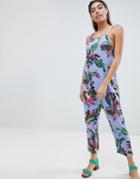 Asos Design Jersey Minimal Jumpsuit With Ties In Tropical Floral - Multi